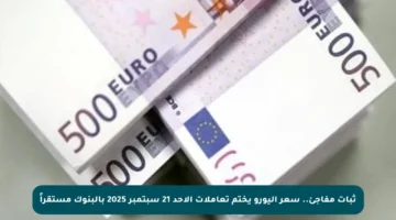 ثبات مفاجئ.. سعر اليورو يختم تعاملات الأحد 21 سبتمبر 2025 بالبنوك مستقراً